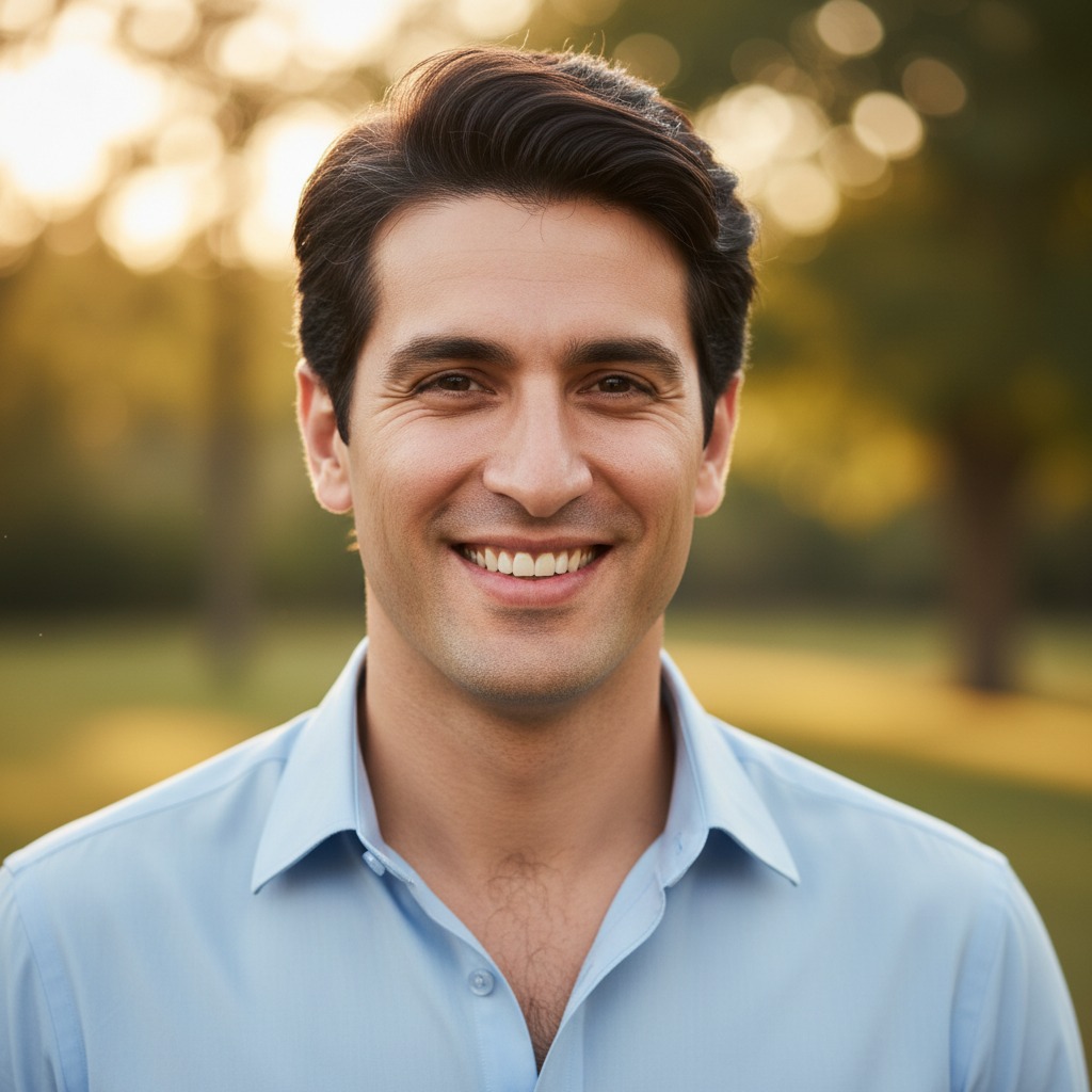 Pakistani Asian guy late 30's fair skin tall and smiling wearing shirt upper half just face image